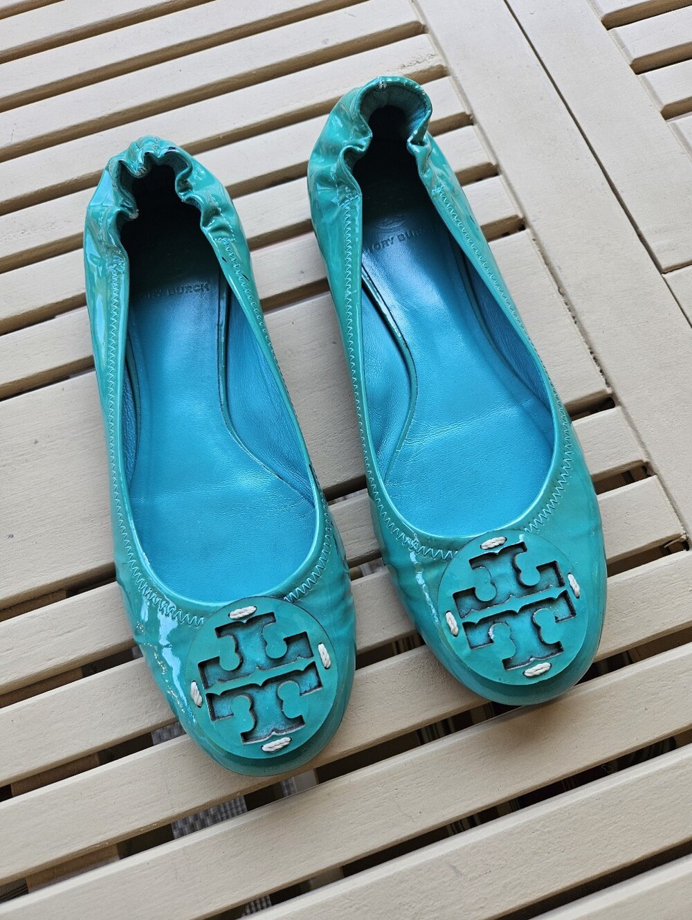Tory Burch Teal Patent Leather Logo Ballet Flats